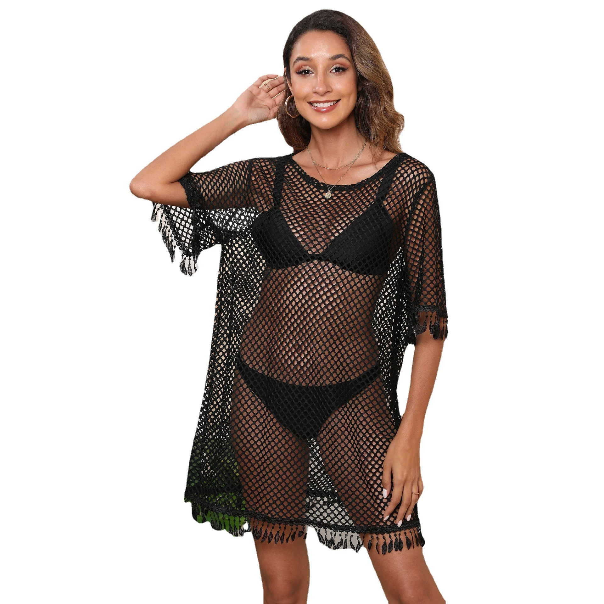 Women's Fringe Sheer Mesh Beach Cover-Up Dress