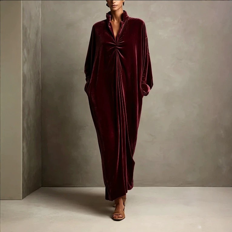 Stand Collar Velvet Long Dress with Twist Knot Detail