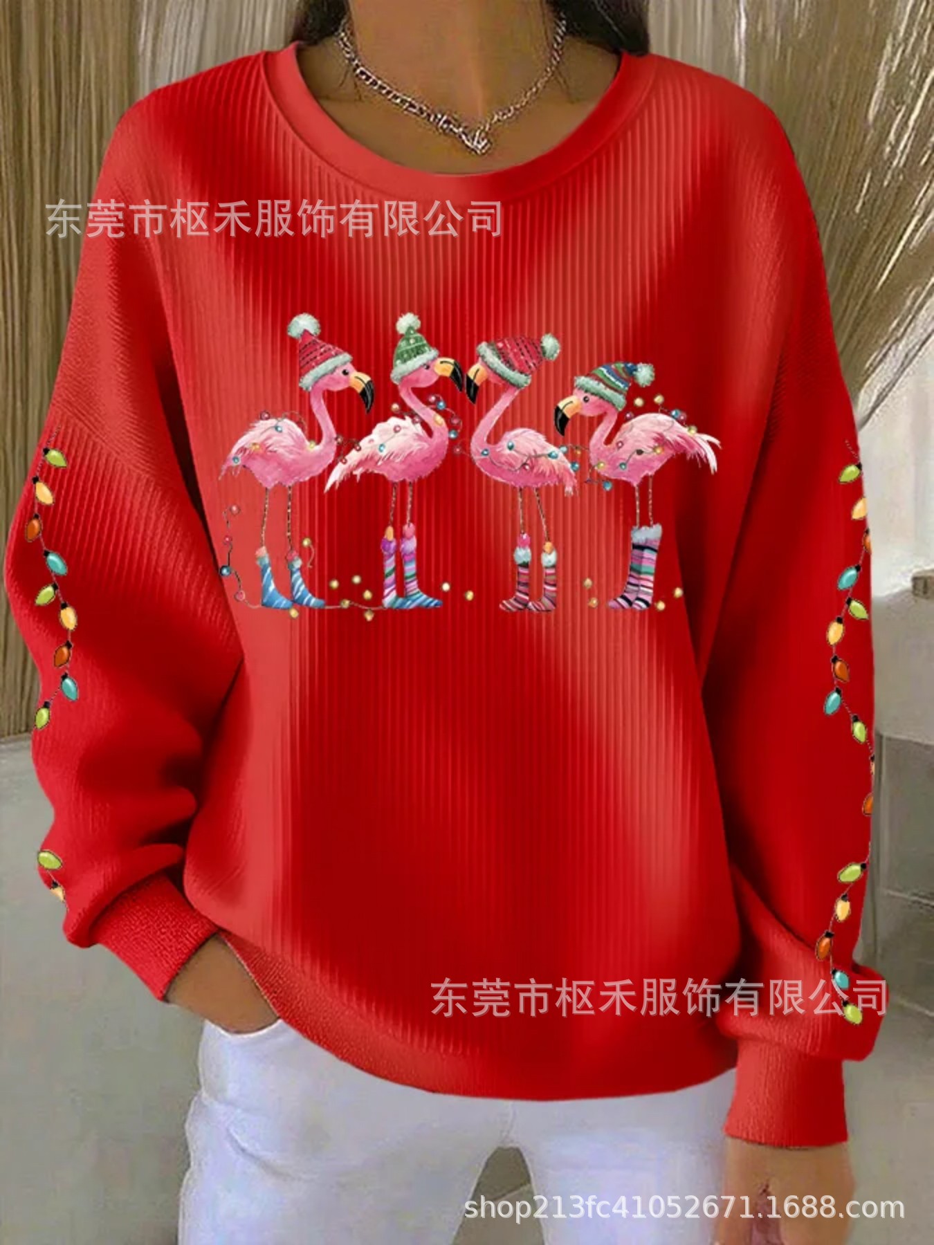 Flamingo Print Crewneck Long Sleeve Pullover Sweatshirt