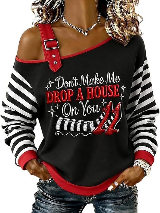 Halloween Witch Broom Print Crewneck Long-Sleeve Lace-Up Sweatshirt