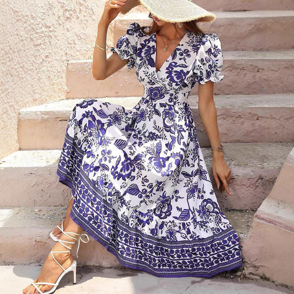 Elegant Floral Print V-Neck Bubble Sleeve Maxi Dress
