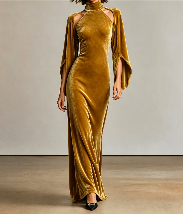 Women's Velvet Bell Sleeve Cutout High Neck Long Evening Dress