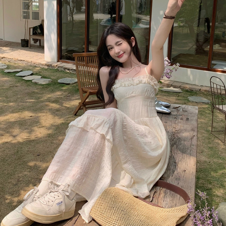 Sweet French Style High-Waist Ruffle Cami Midi Dress