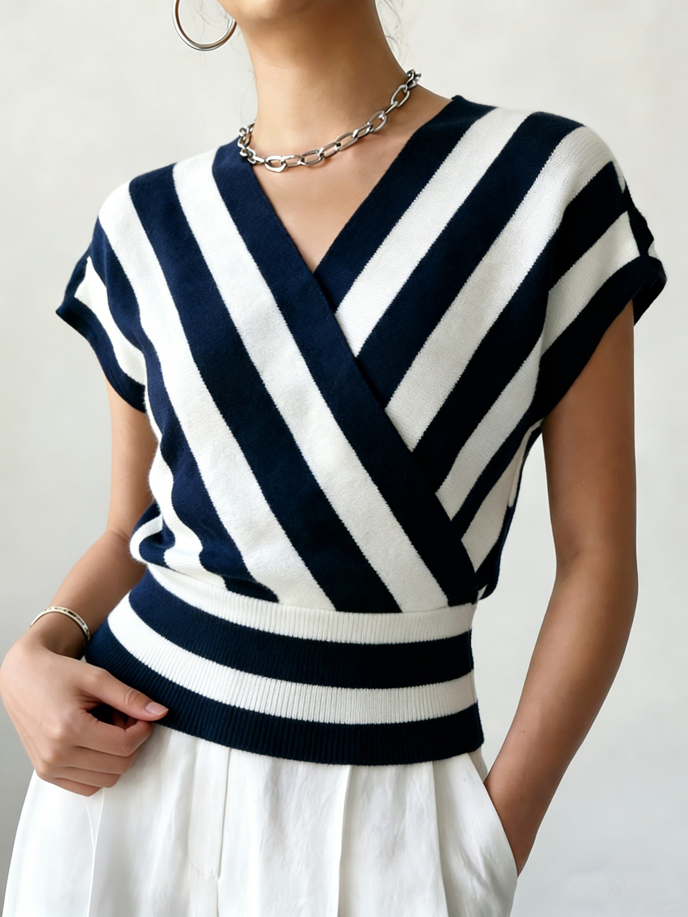 Women's Striped Cross-Neck Cinched Pullover Sweater Candy Color Casual