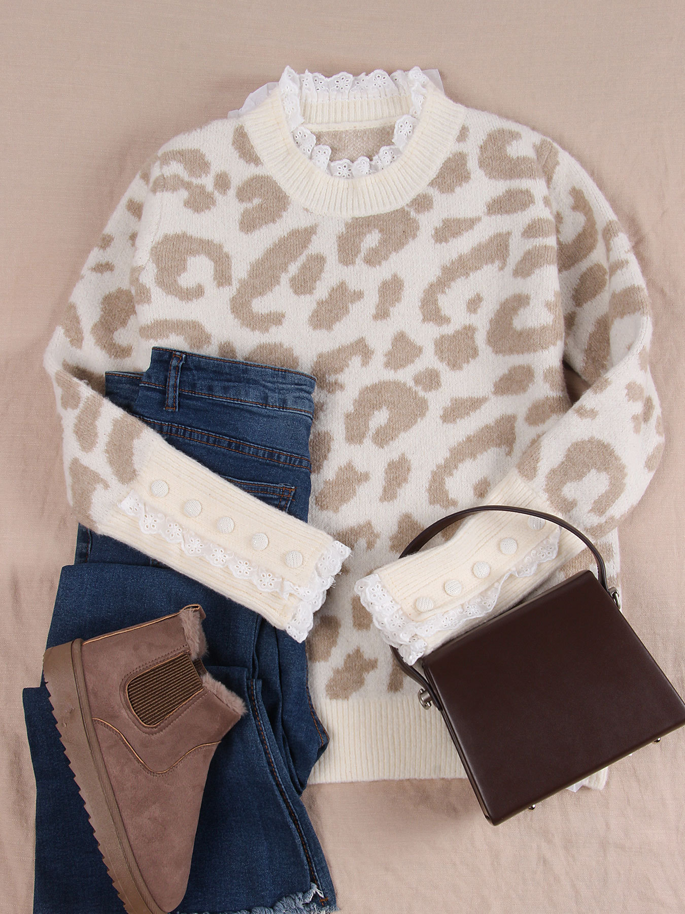 Leopard Print Lace Trim Buttoned Crewneck Knit Sweater