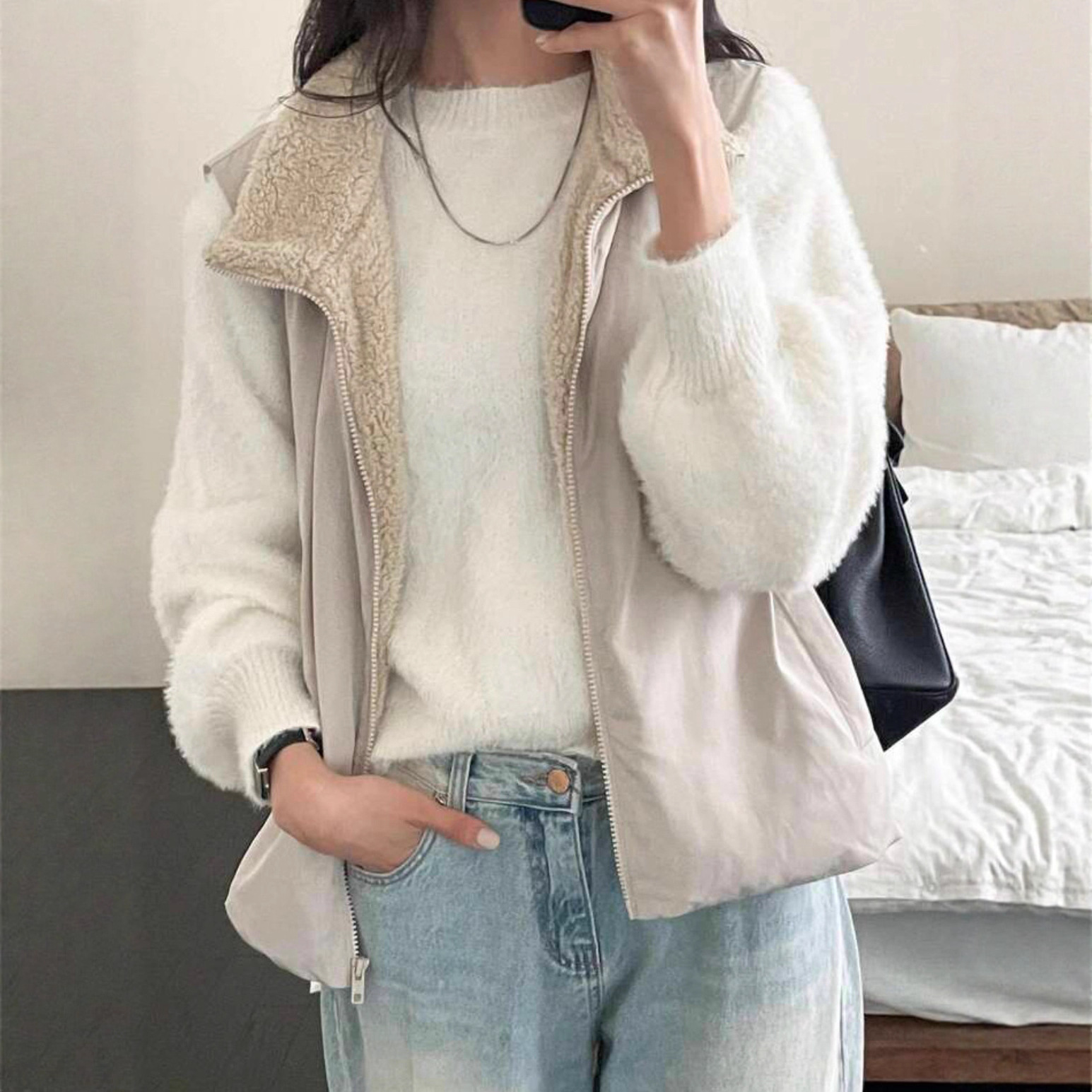 Faux Mink Fleece Crewneck Sweater Women's Fuzzy Long Sleeve Pullover Knit Top