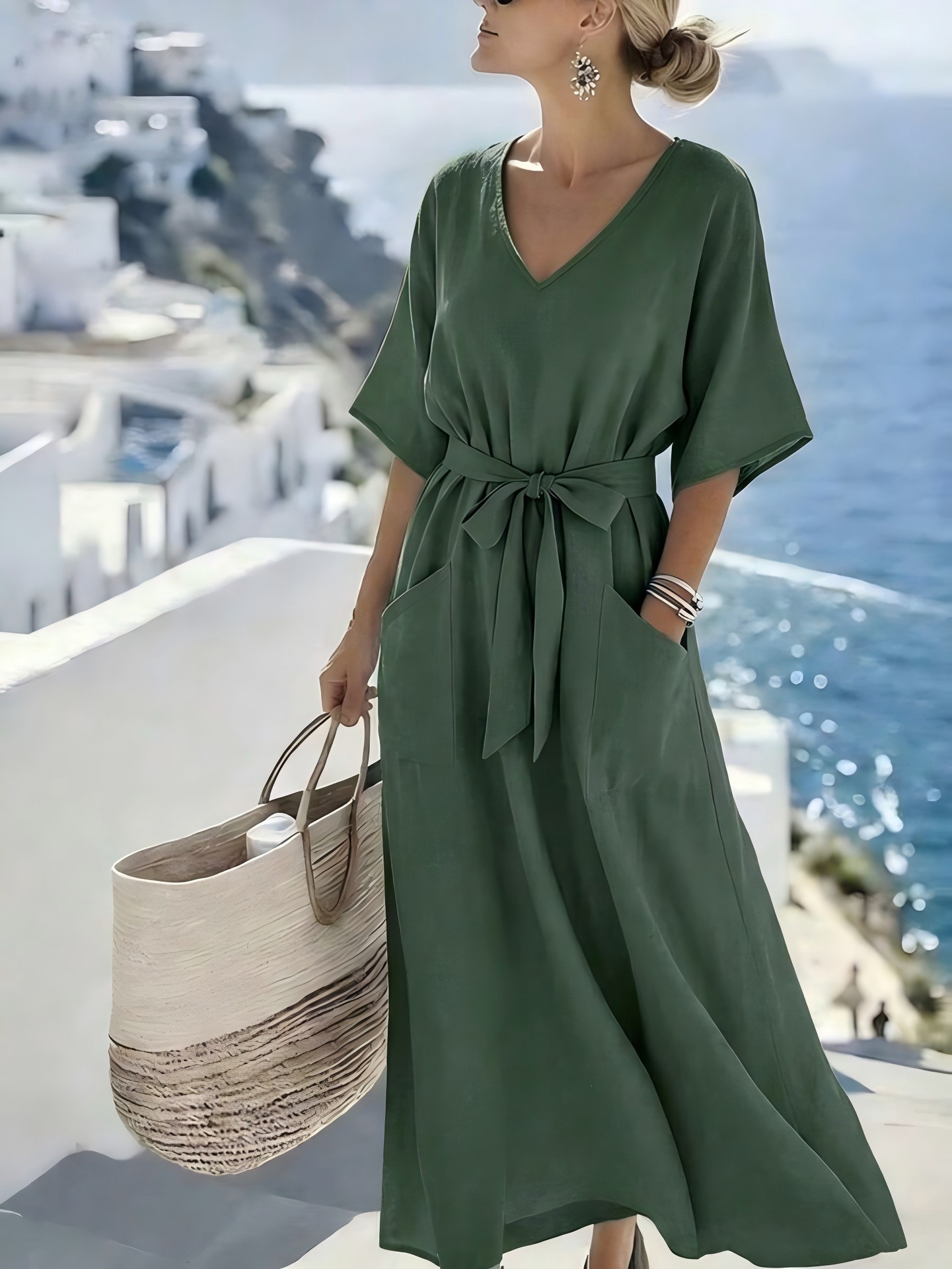 Women's Loose Casual Short Sleeve Tie Front Solid Color Midi Dress