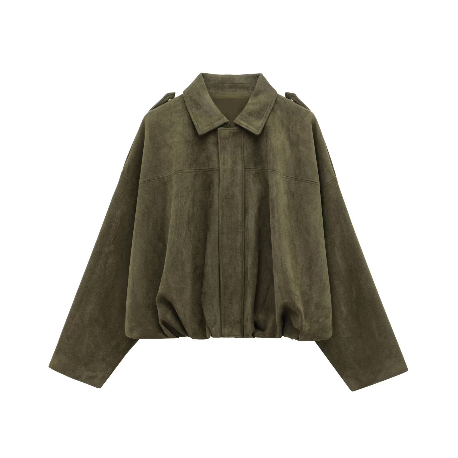 Women's Faux Suede Bomber Jacket with Batwing Sleeves and Zip Front
