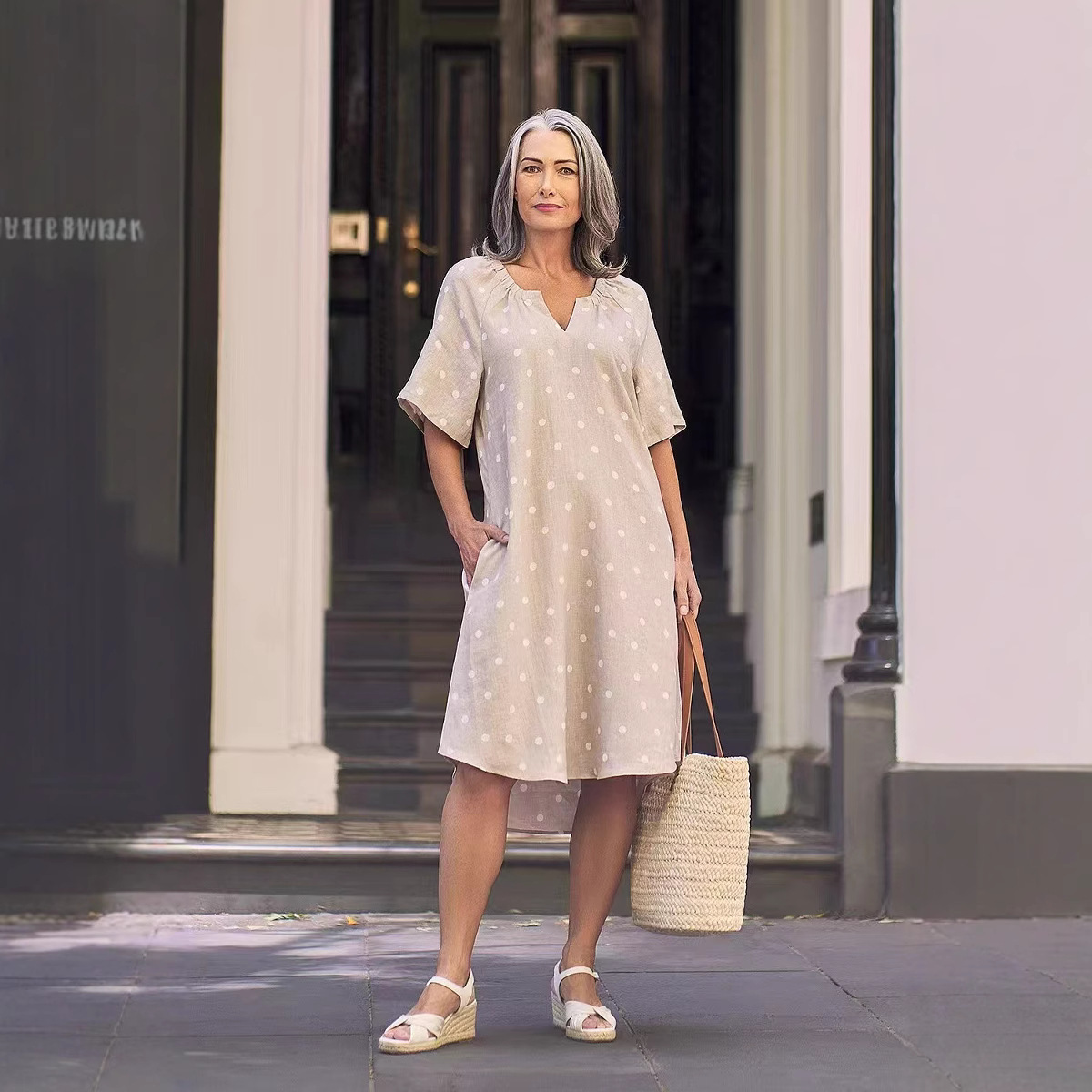 V-Neck Short Sleeve Polka Dot Midi Dress with Pockets