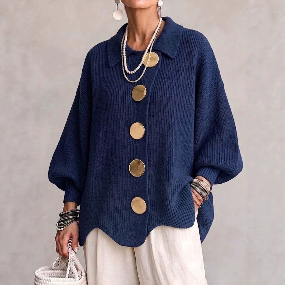 Button-Front Knit Collared Cardigan Sweater Coat
