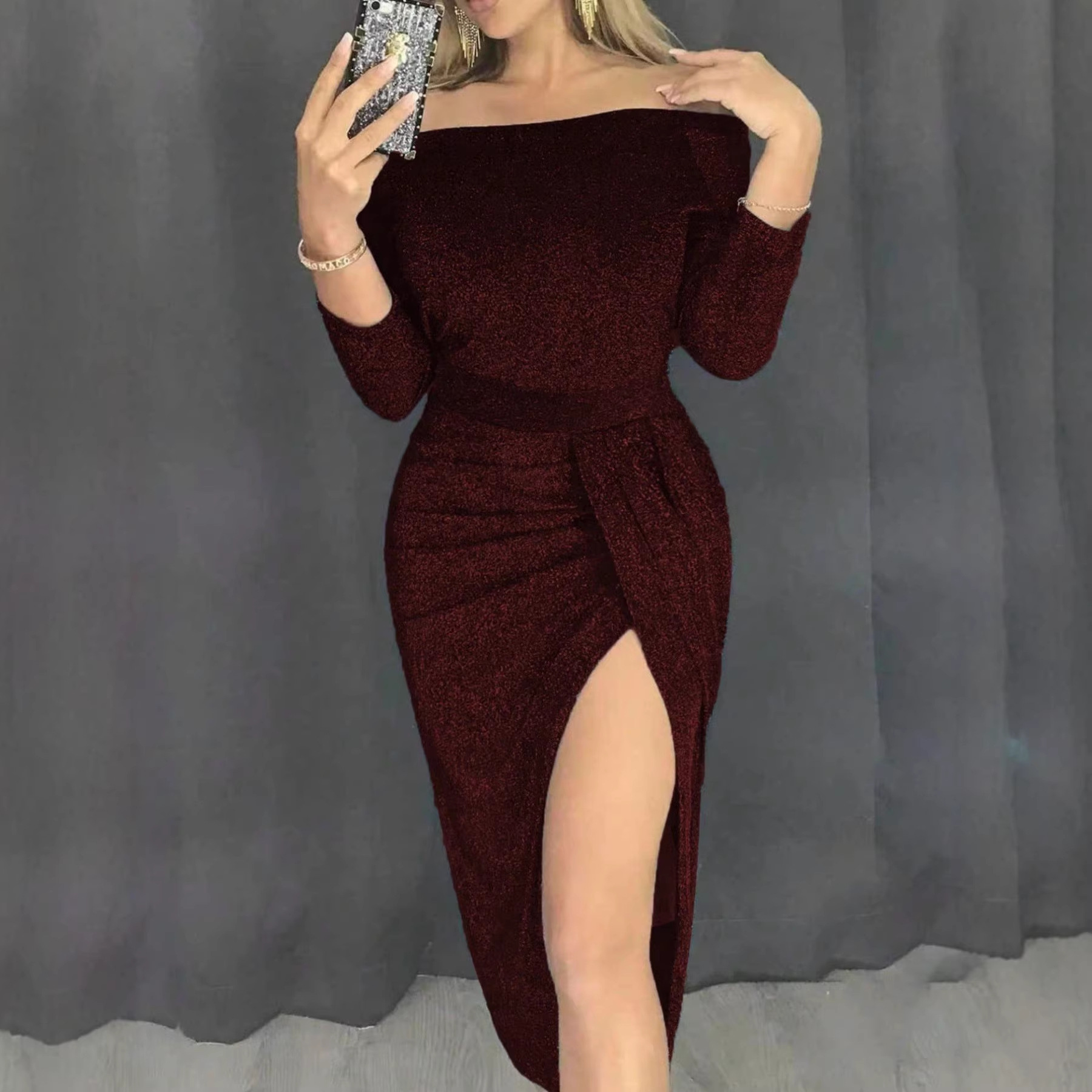 Shimmer Off-Shoulder Long Sleeve Slit Bodycon Party Dress