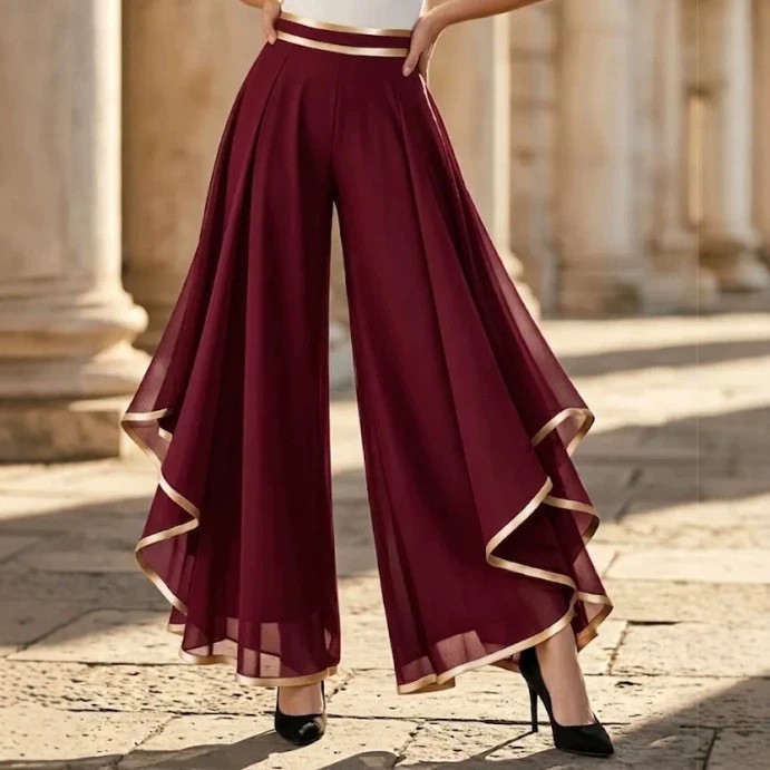Women's High-Waist Layered Chiffon Wide-Leg Pants with Contrast Piping