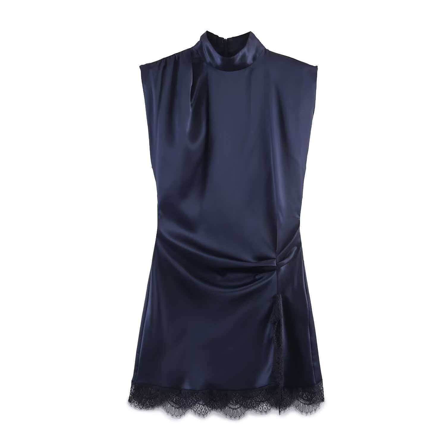 Women's Lace Panel Mini Dress High Neck Sleeveless Bodycon