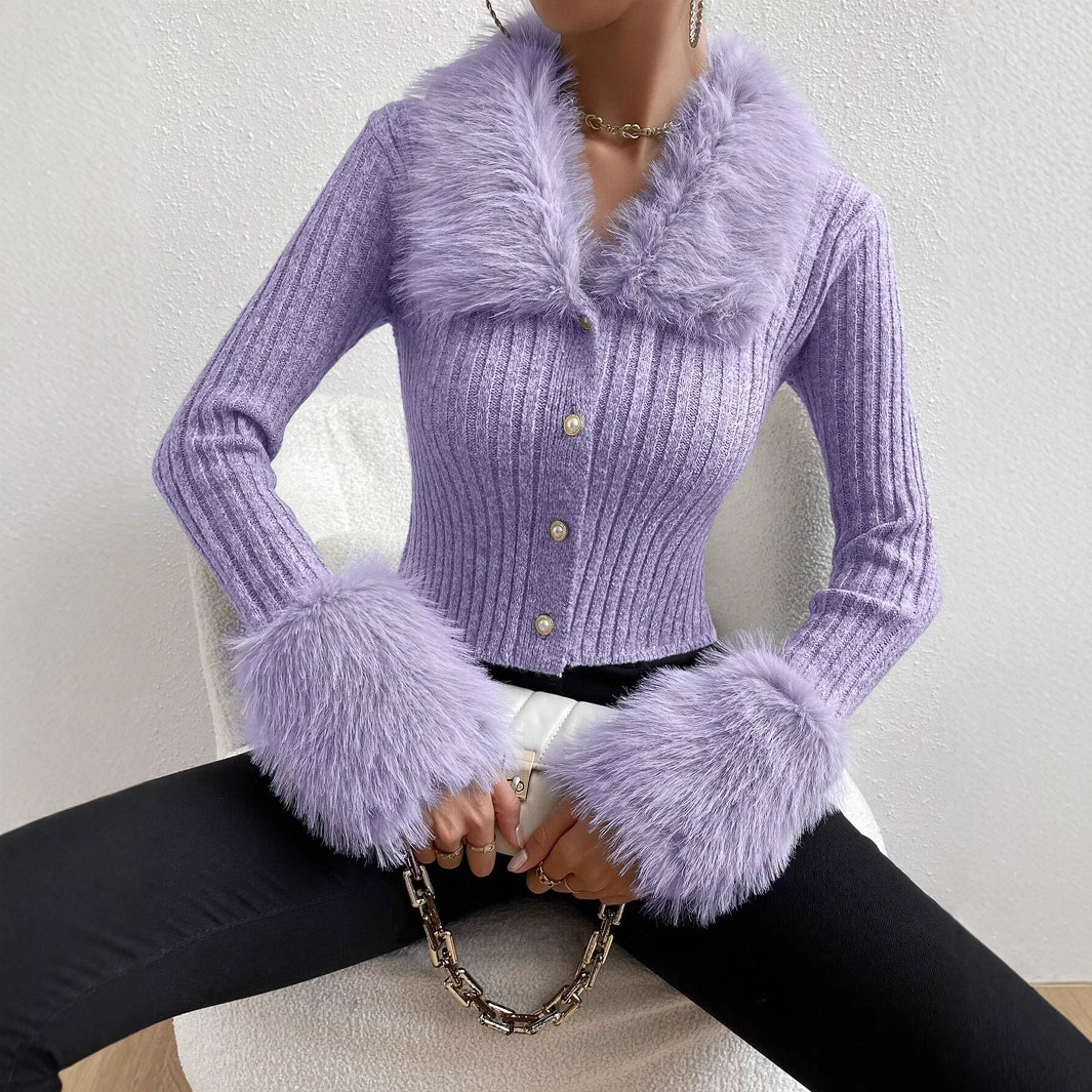 V-Neck Slim-Fit Knit Cardigan with Faux Fur Trim