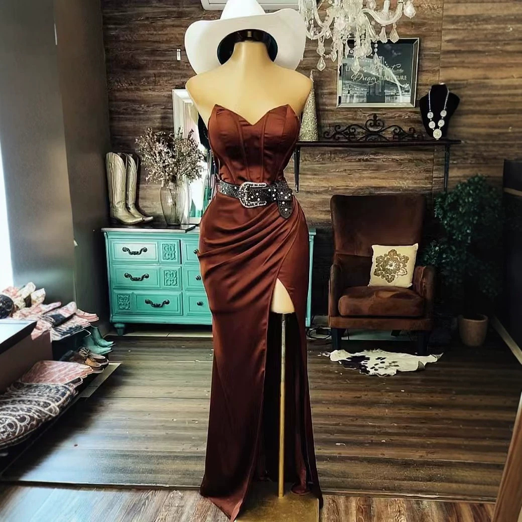Women's Strapless V-Neck High Slit Evening Gown Ruched Waist Long Dress