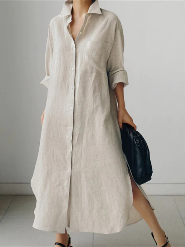 Cotton-Linen Button-Front Shirt Dress Long Asymmetrical Hem