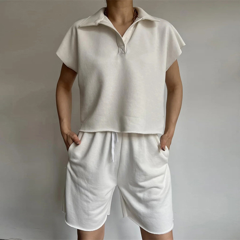 Women's Collared Long-Sleeve Loose Top and Tie Shorts Two-Piece Set