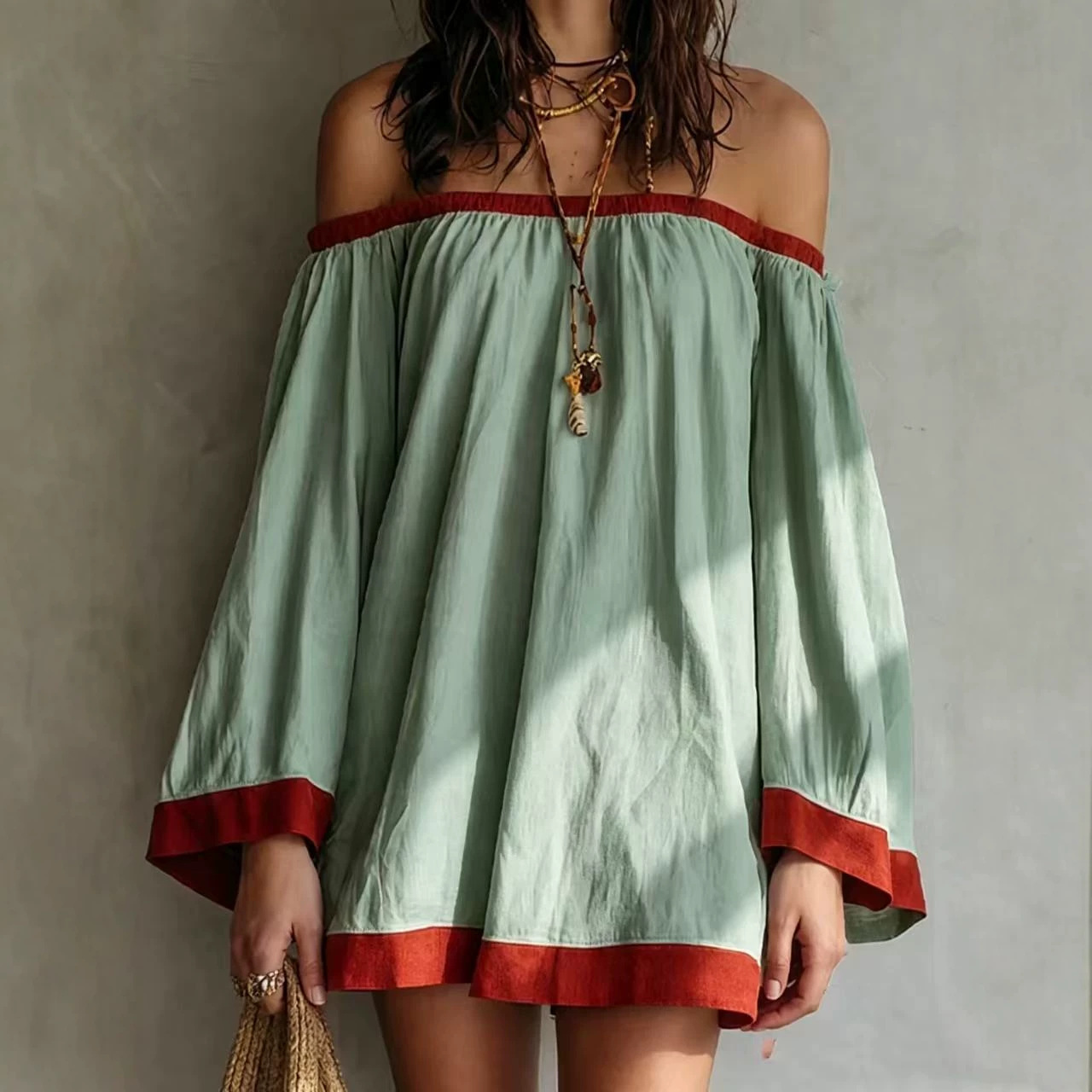 Retro Color-Block Shirt Dress with Red Trim Bell Sleeves