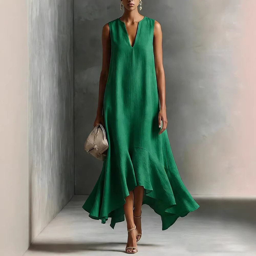 Deep V-Neck Sleeveless Asymmetrical Hem Dress