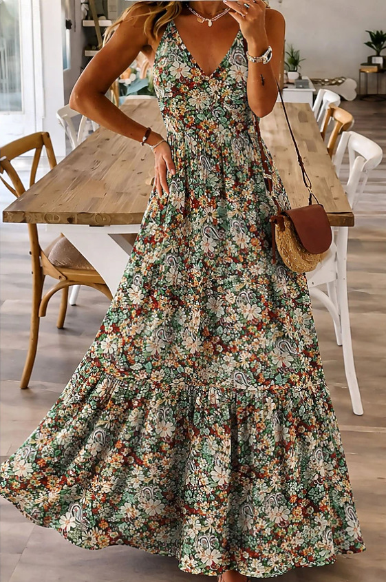 Elegant Floral V-Neck Sleeveless Midi Dress
