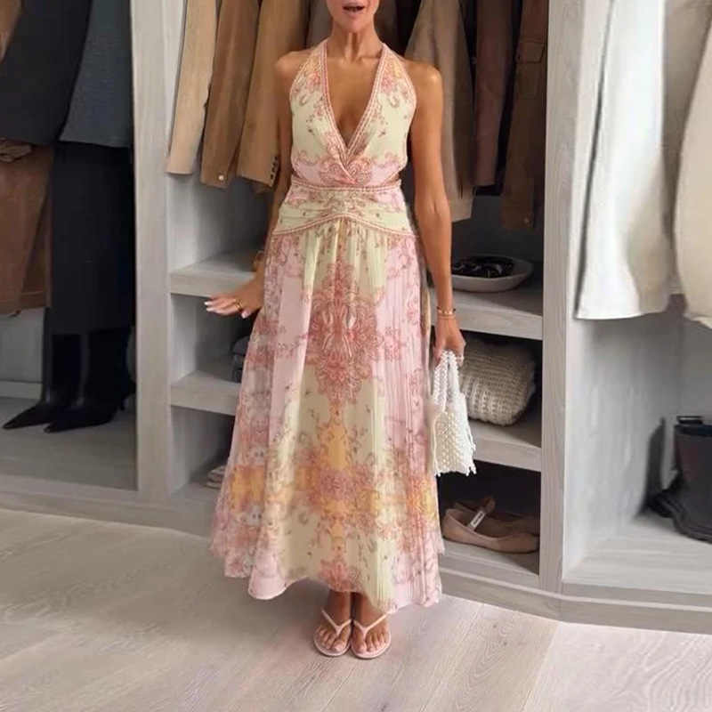 Women's Halter Neck Printed A-Line Maxi Dress