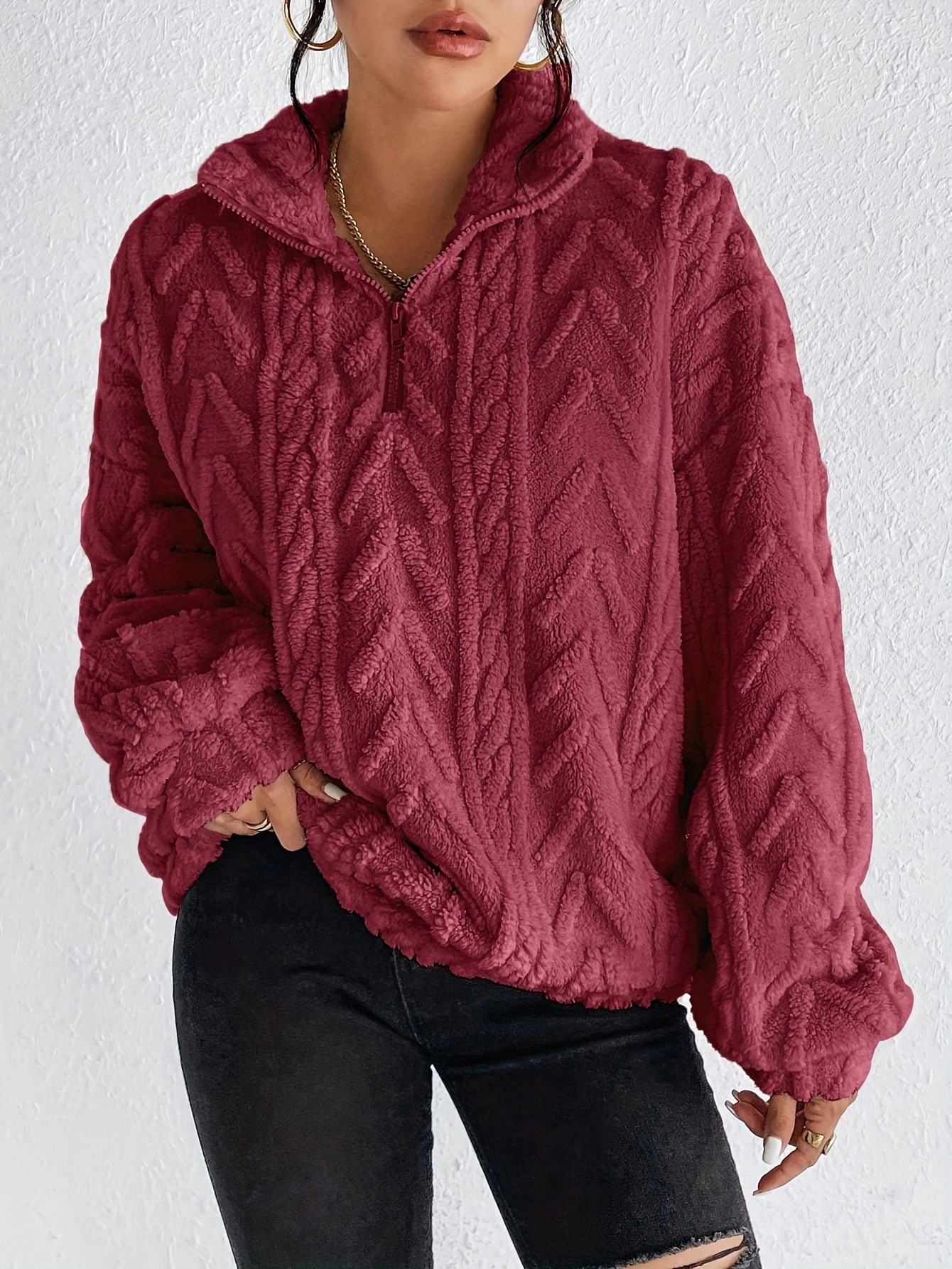 Women's Double-Sided Fleece Pullover with Zip and Jacquard Pattern