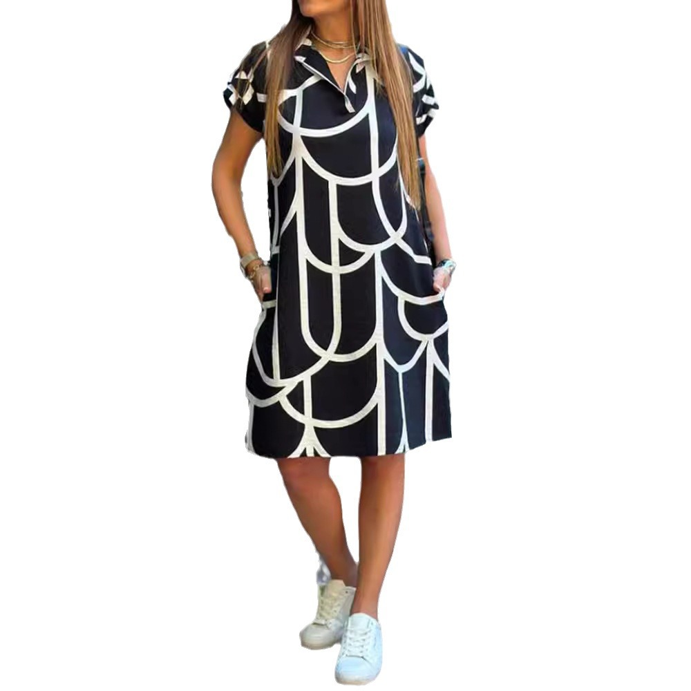 Women's Printed V-Neck Short Sleeve Dress with Pockets