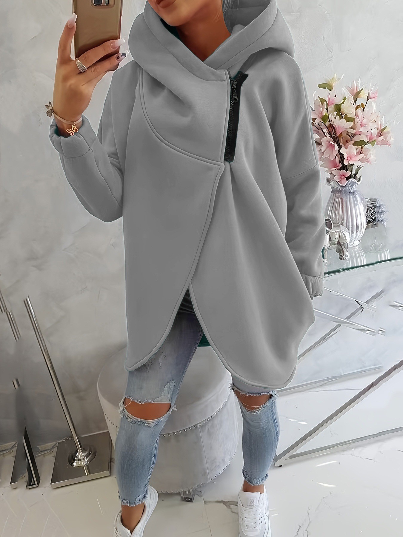 Women's Long-Sleeve Black Hooded Zip-Up Jacket with Front Pockets