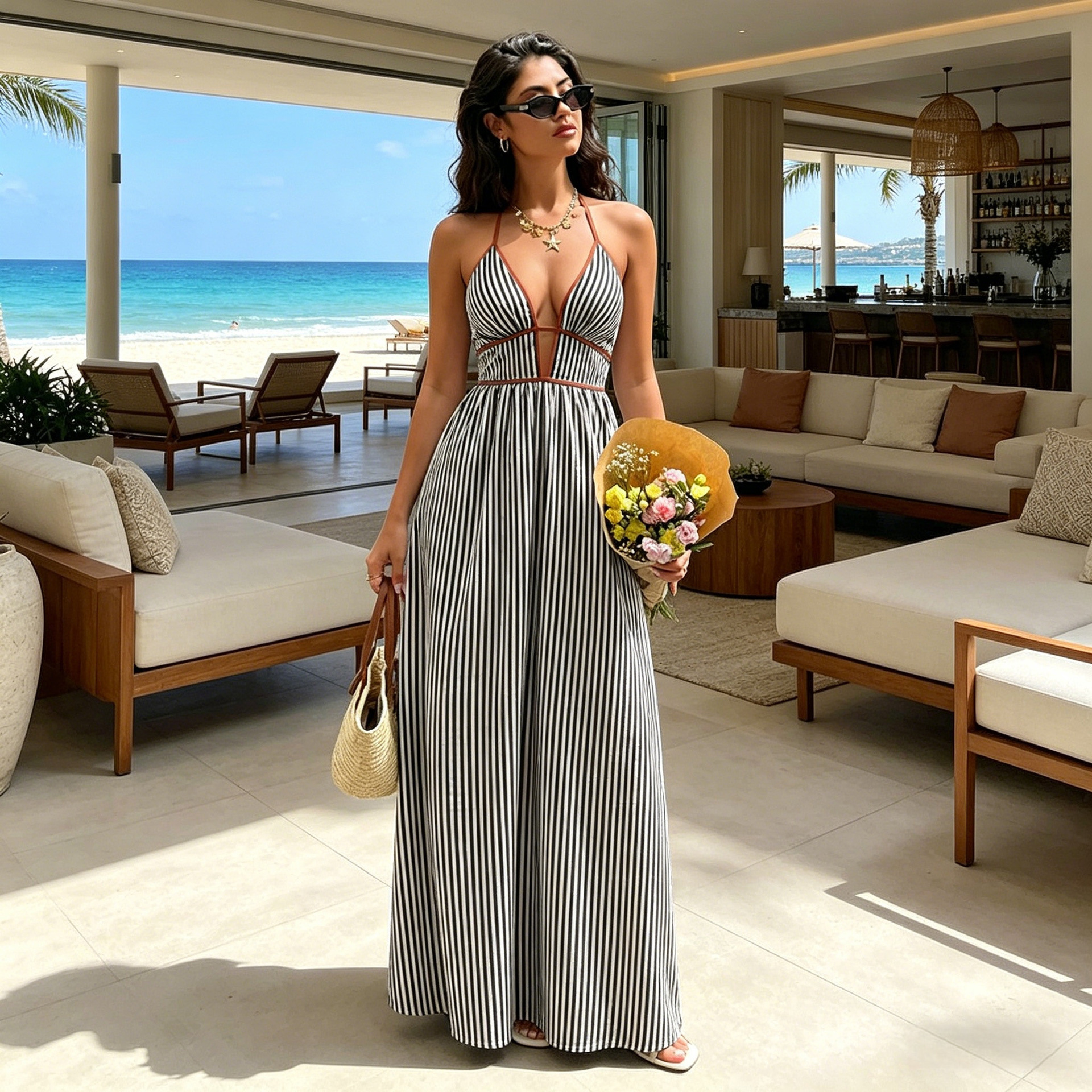 Women's Deep V-Neck Striped Sleeveless Maxi Dress