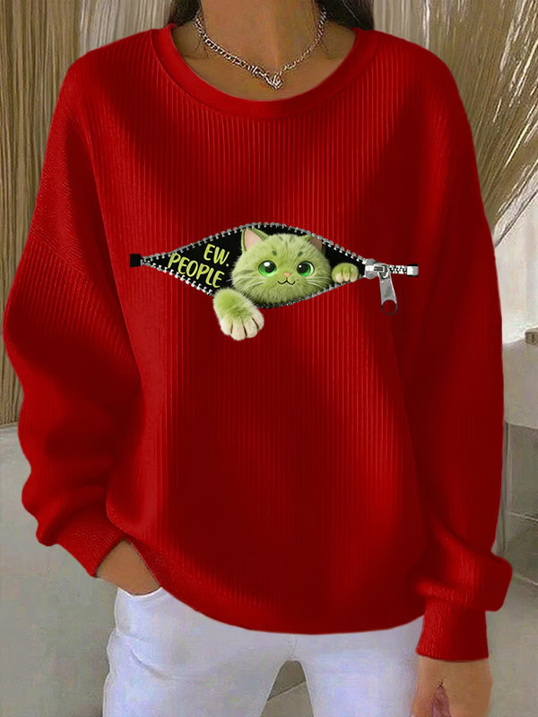 Women's Cartoon Cat Print Zip-Up Crewneck Sweatshirt