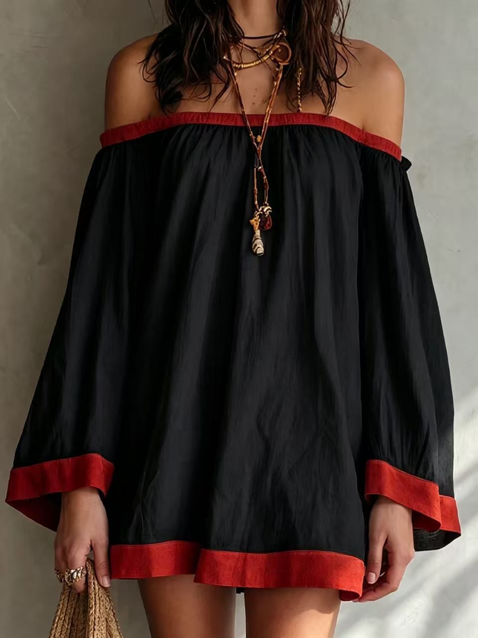 Retro Color-Block Shirt Dress with Red Trim Bell Sleeves