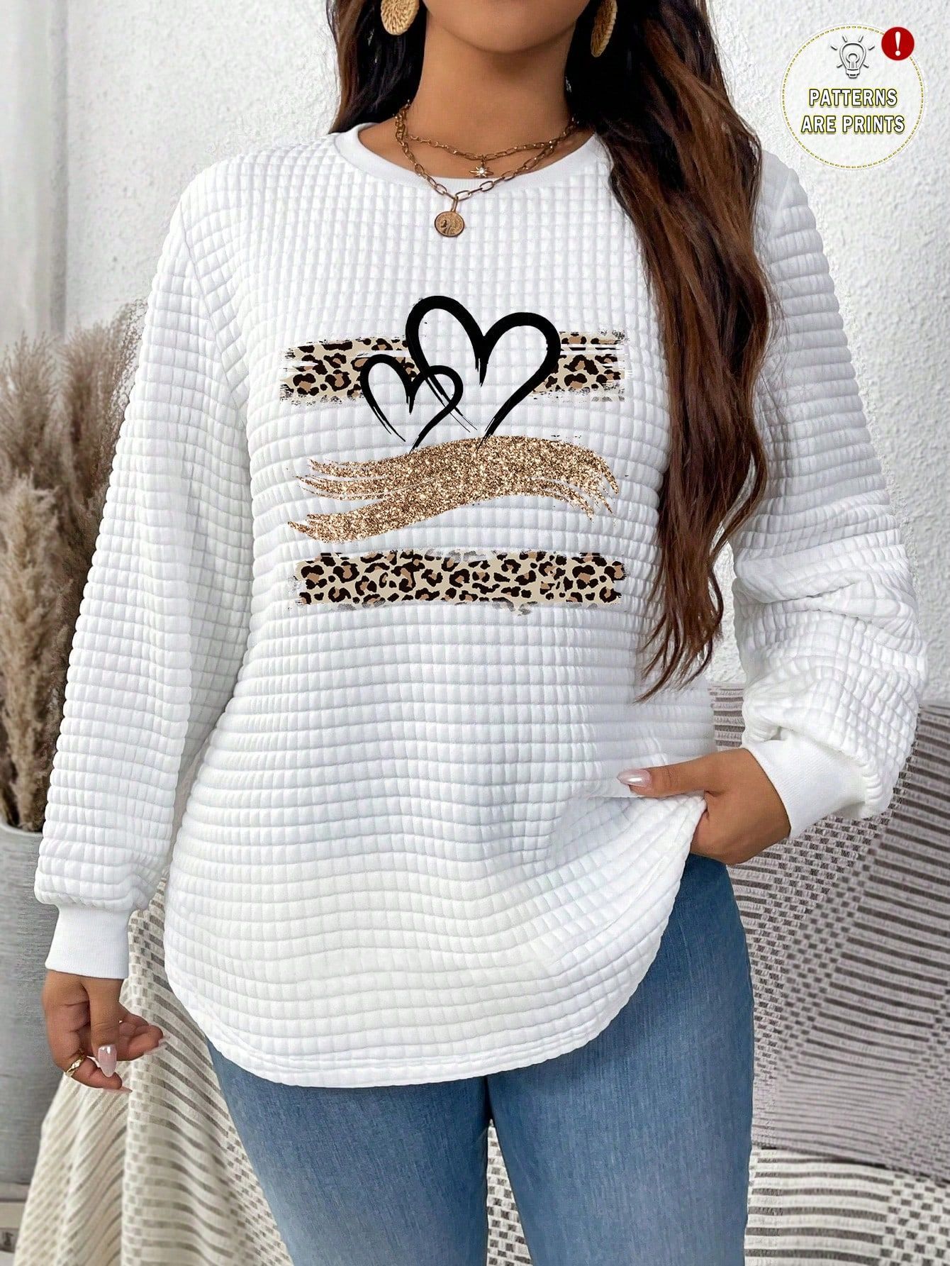 Waffle Knit Heart Print Crewneck Sweatshirt for Women