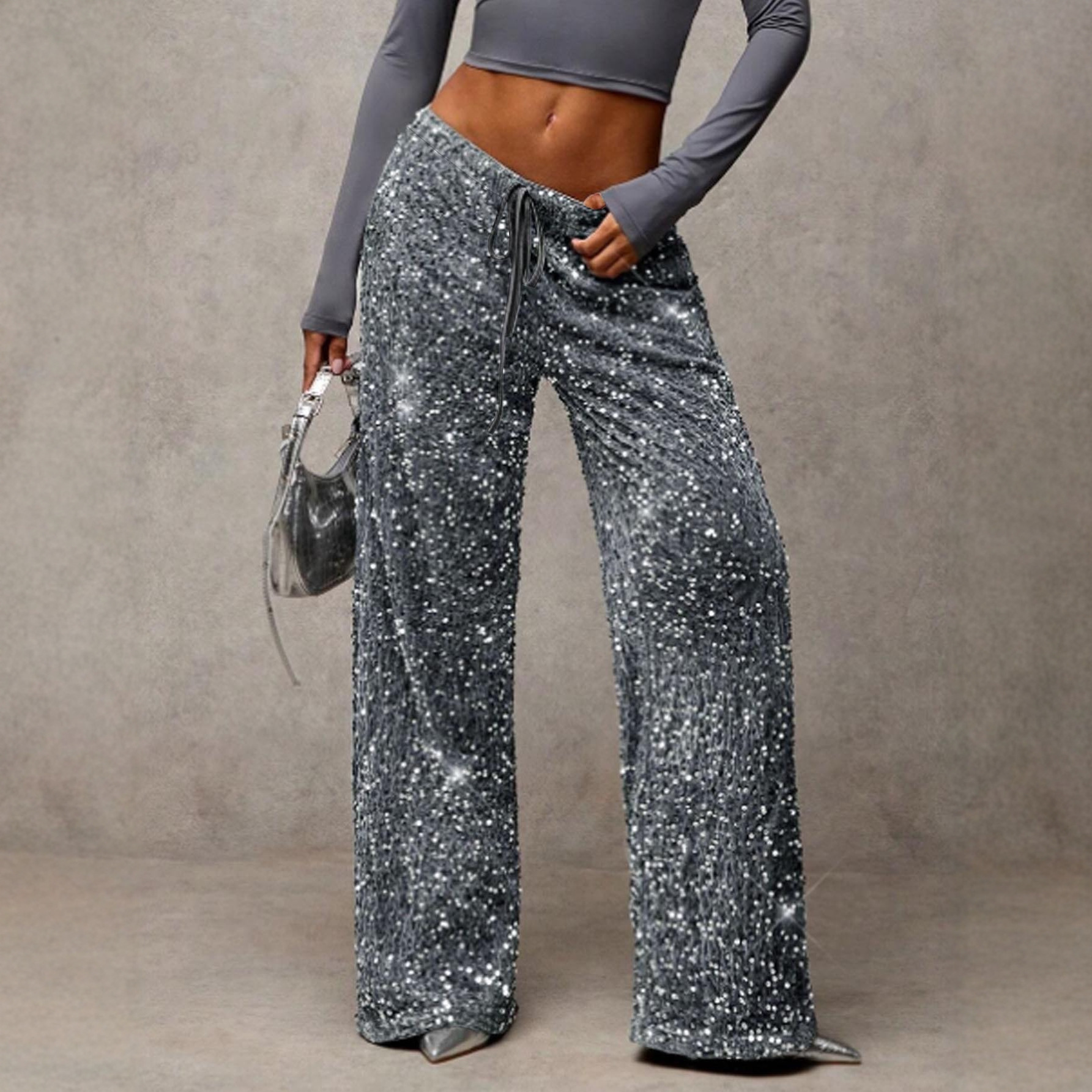 Sequin Drawstring Straight Leg Stretch Pants