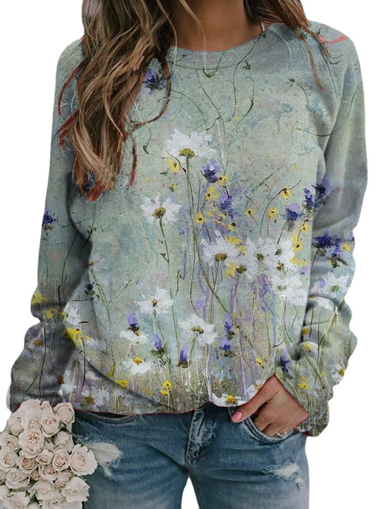 Women's Long Sleeve Floral Digital Print Sweatshirt