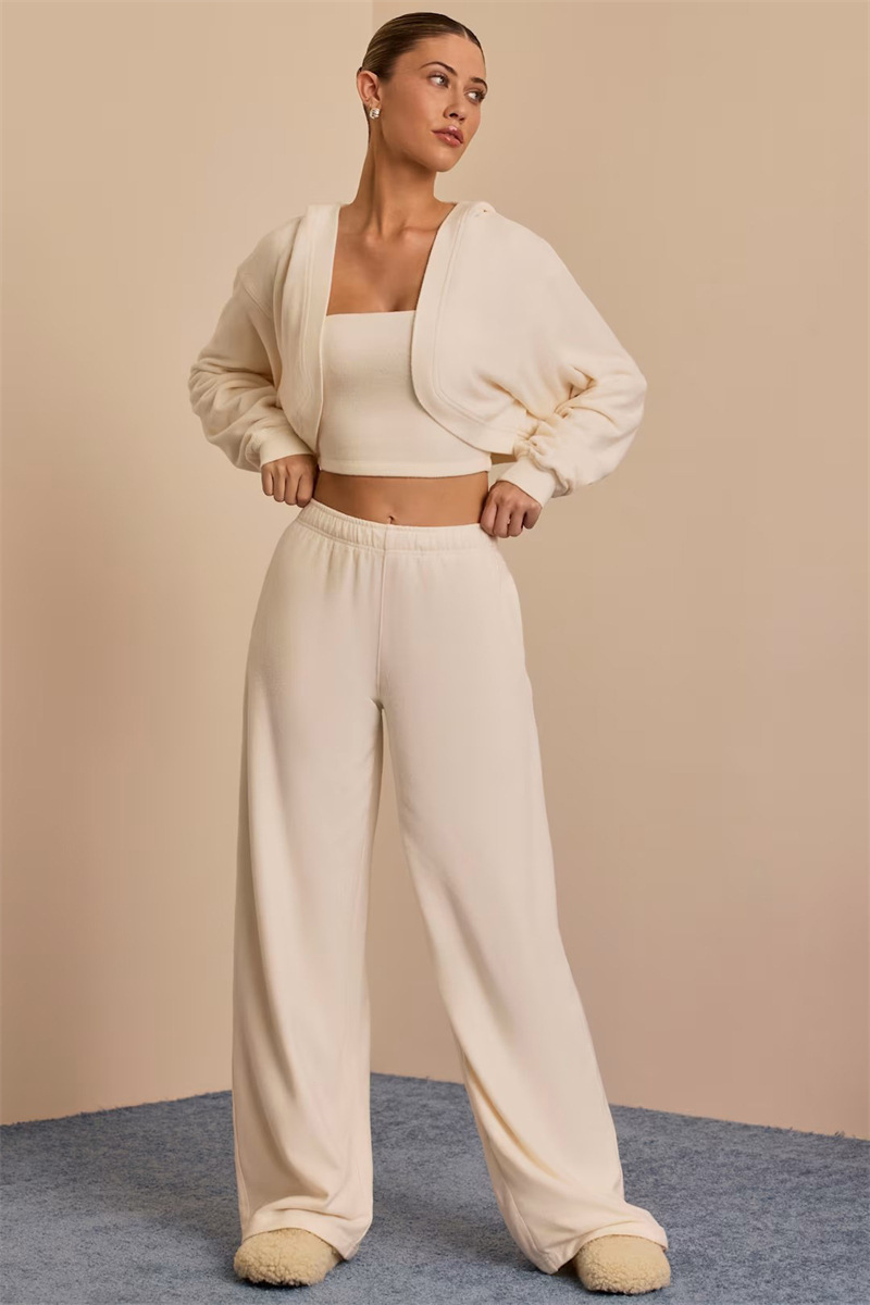 Women's Solid Color Cropped Hooded Three-Piece Pants Set Casual Streetwear
