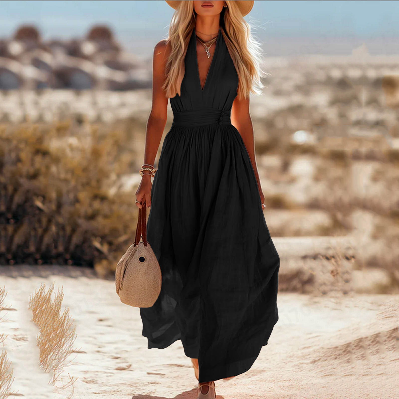 V-Neck Sleeveless Solid Color Elegant Casual Dress