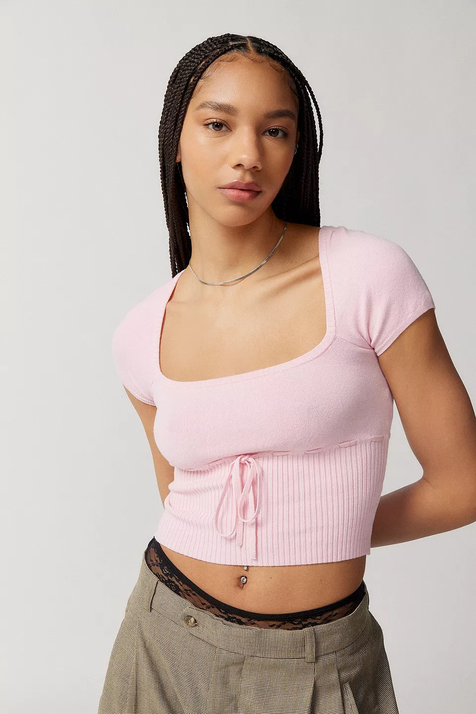 Square Neck Short Sleeve Tie-Front Cropped Knit Top