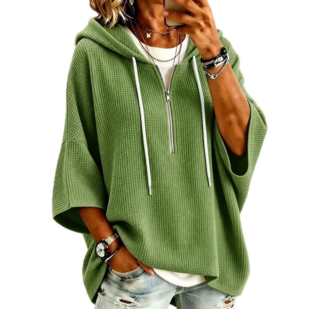 Women's Zip-Up Hooded Waffle Knit Batwing Sweatshirt