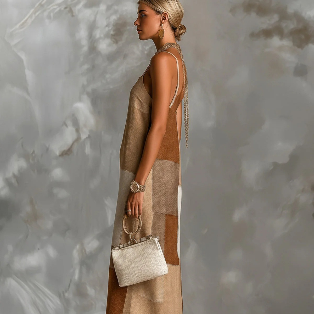 Retro Earth-Tone Color-Block Textured Sleeveless Midi Dress with Slit