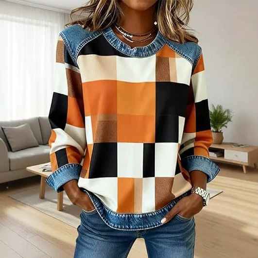 Women's Plaid Color-Block Print Casual Hoodie
