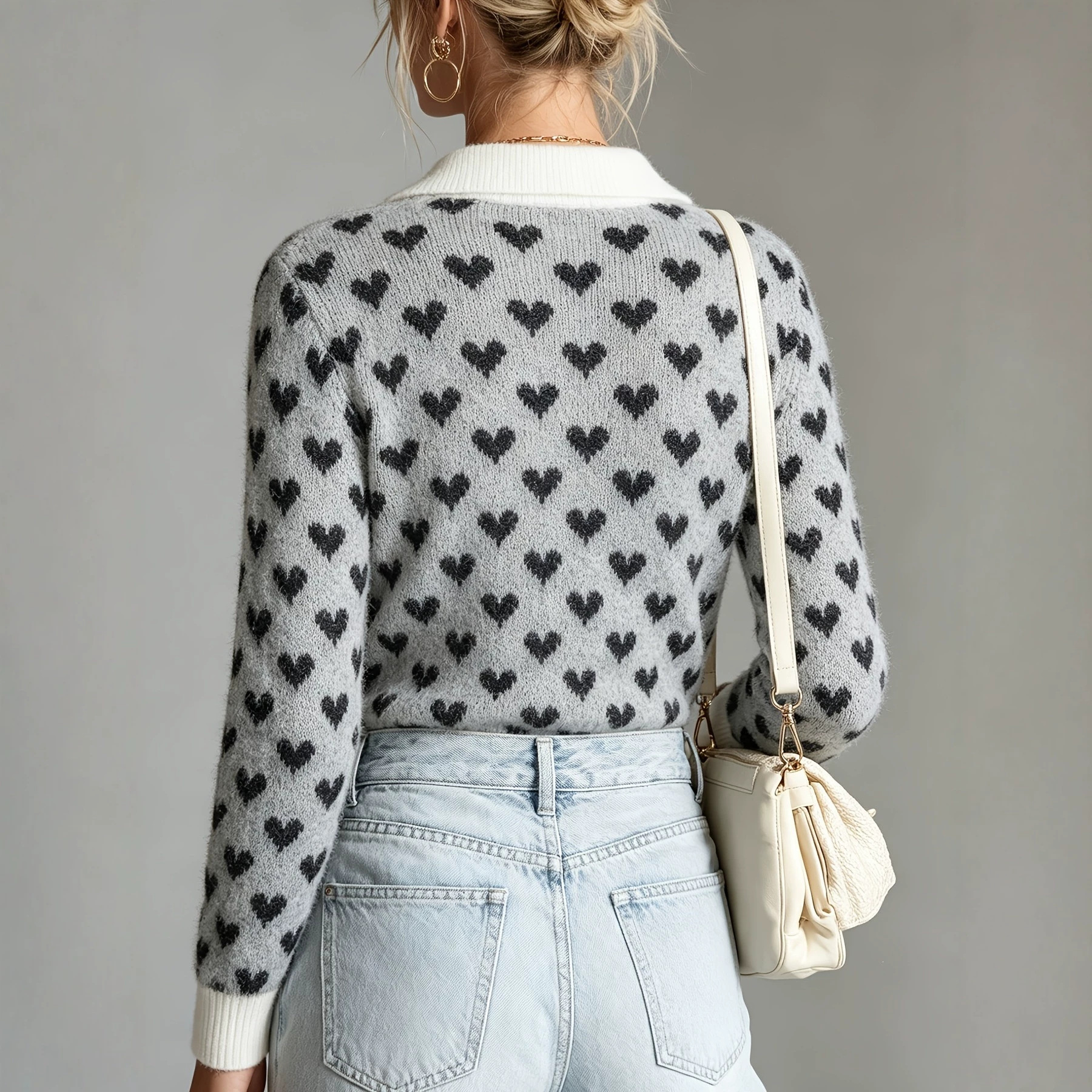 Women's Black and White Heart Jacquard Knit Sweater with Collar