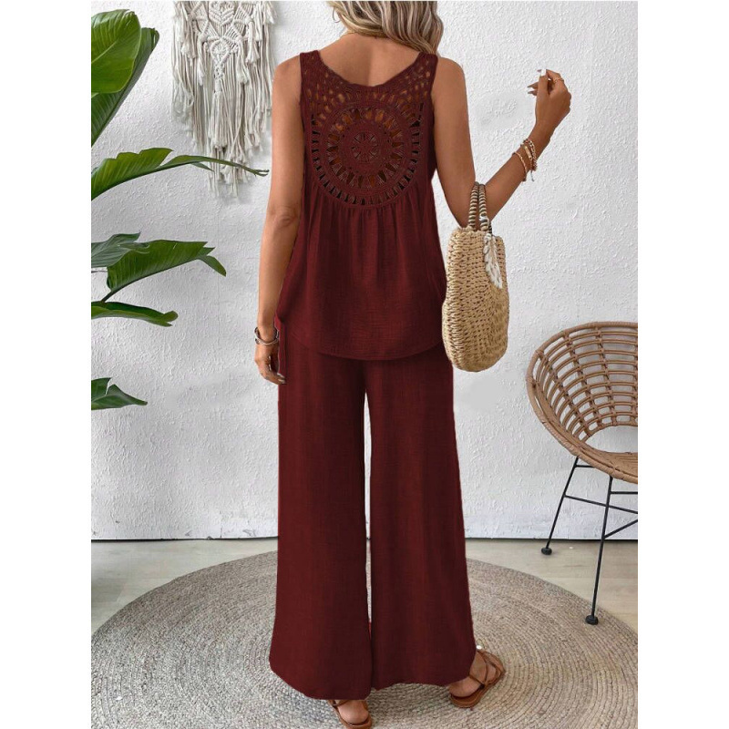 Women's Solid Color Back Cutout Embroidered Sleeveless Top and Pants Set