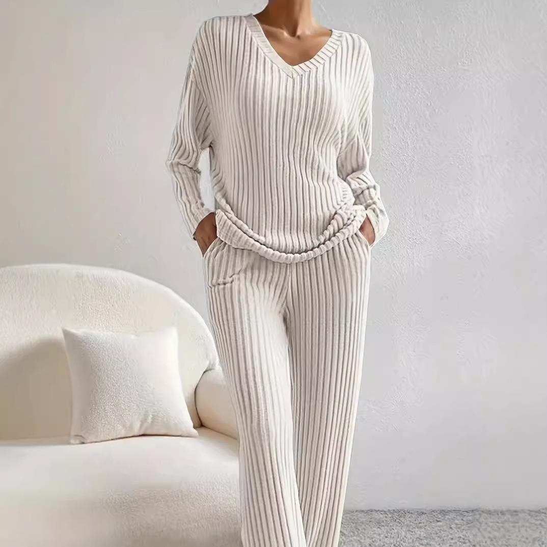 Women's Ribbed V-Neck Top and Straight-Leg Pants Two-Piece Set