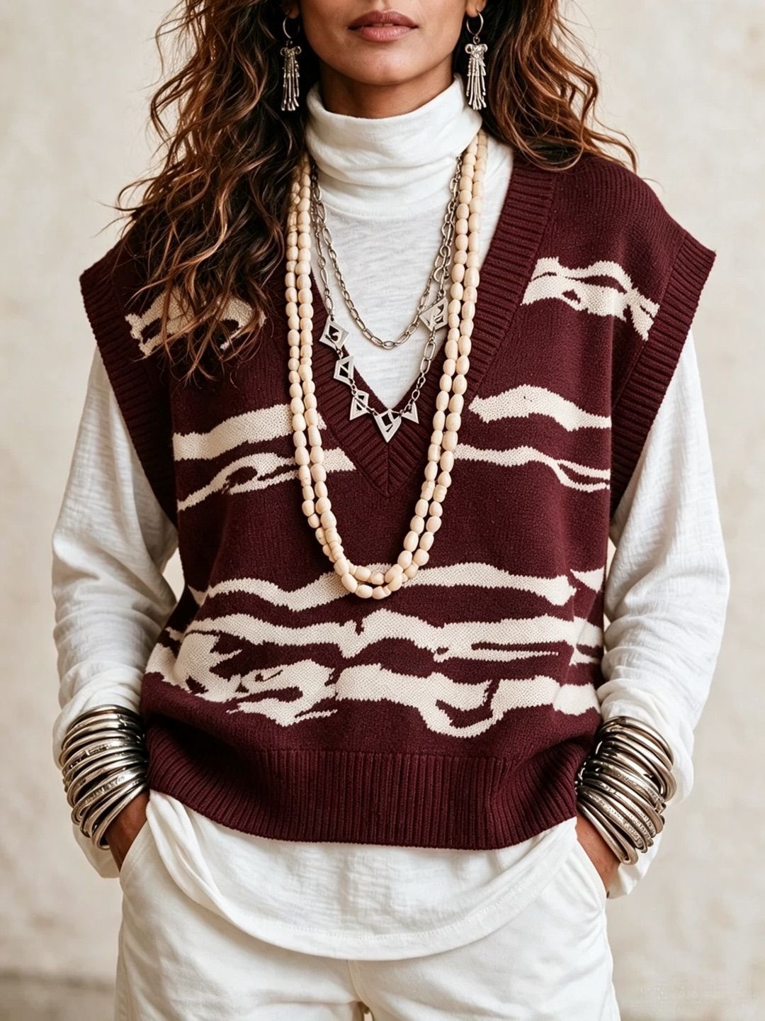 V-Neck Wavy Knit Sweater Vest Sleeveless Pullover