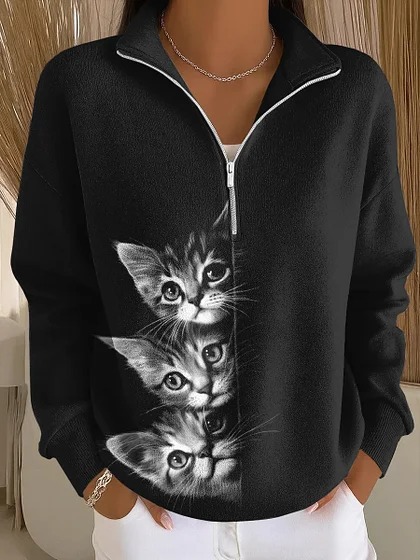 Cat & Moon Print Half-Zip Hoodie for Women