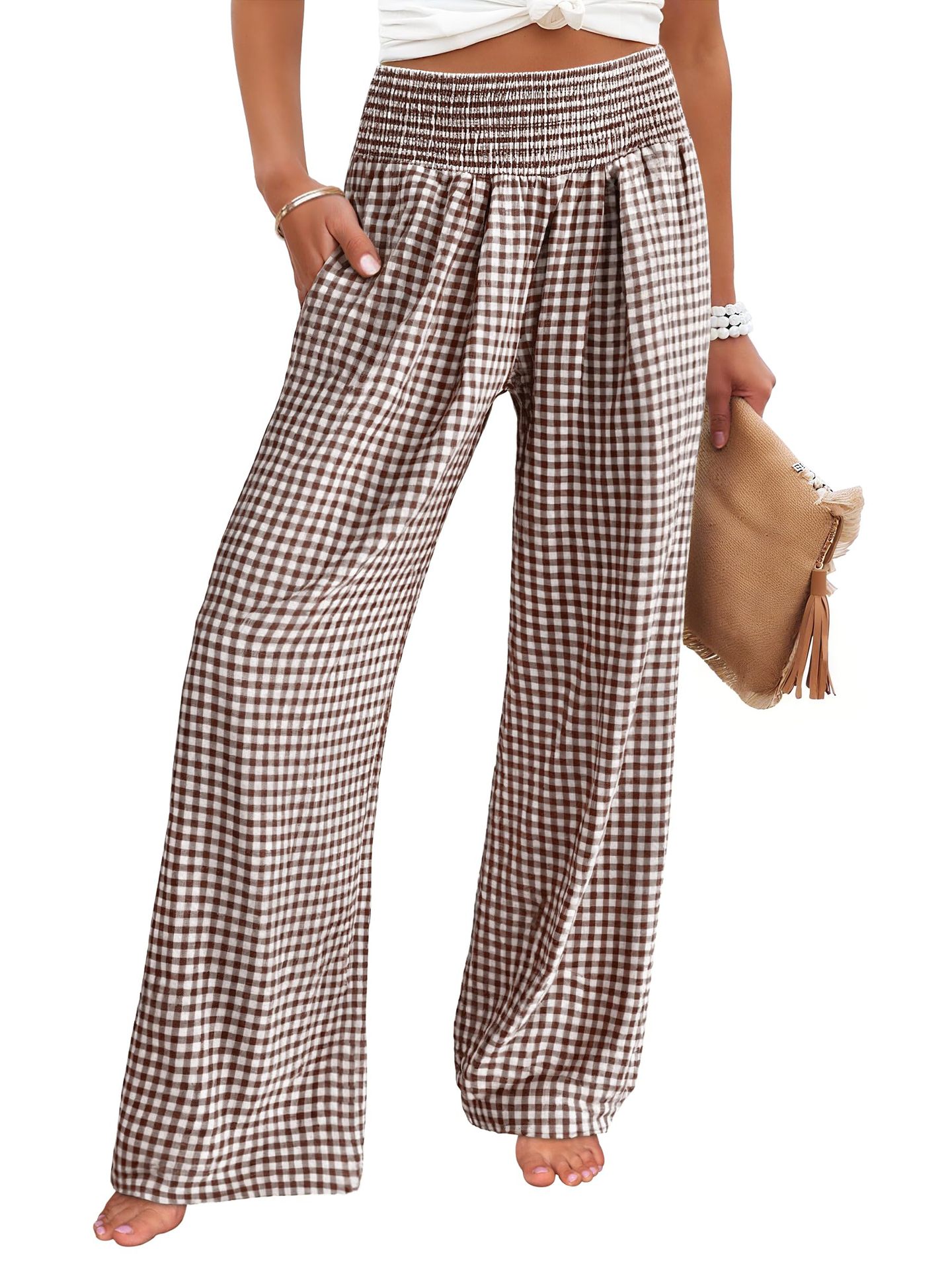 Plaid Wide-Leg High-Waist Pants with Pockets