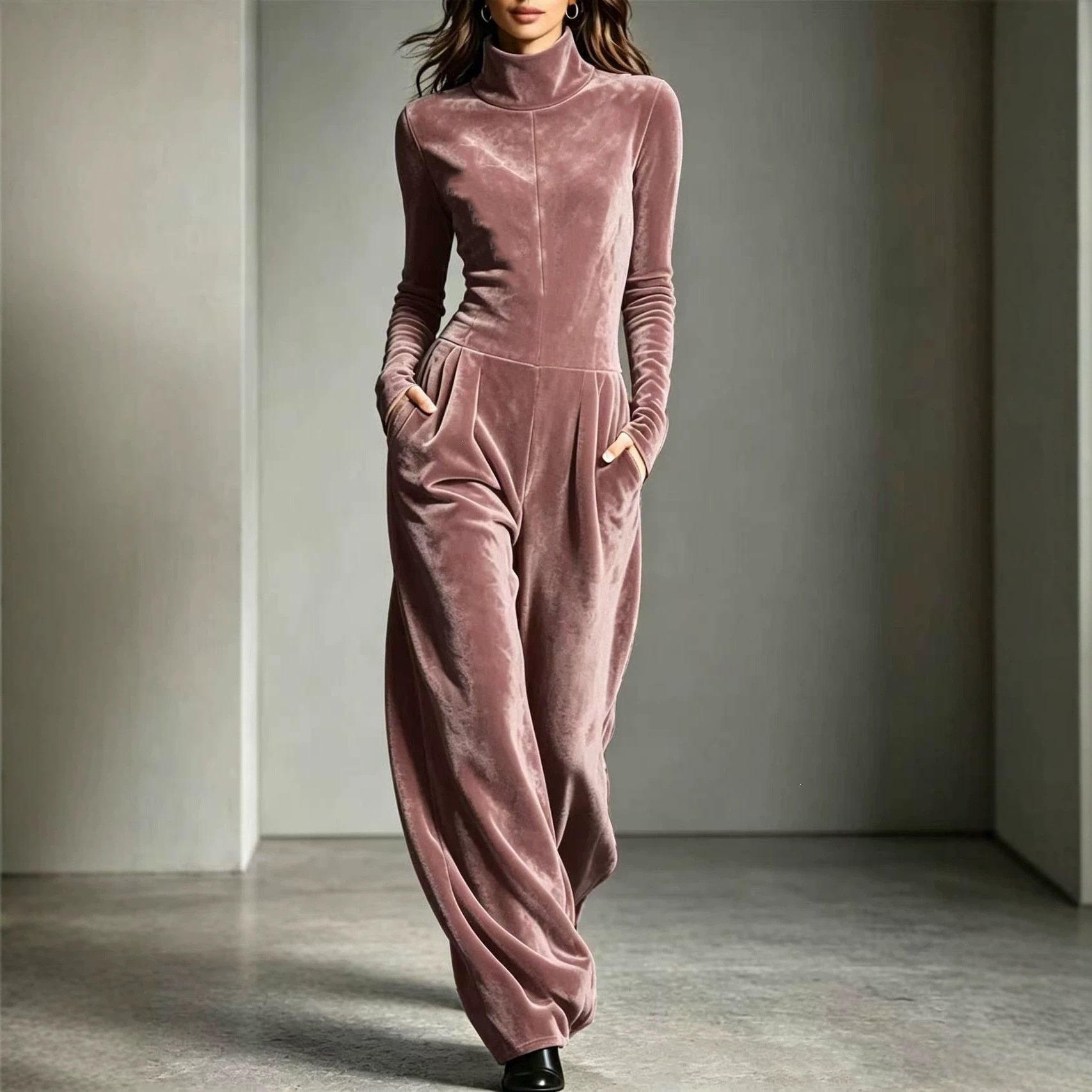 Women's Turtleneck Solid Color Korean Velvet Long Sleeve Jumpsuit