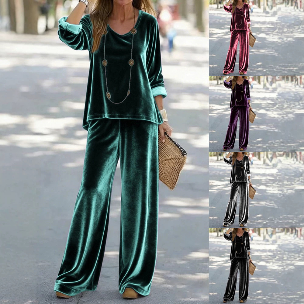 Women's Velvet V-Neck Long Sleeve Top and Pants Set Casual Multi-Color