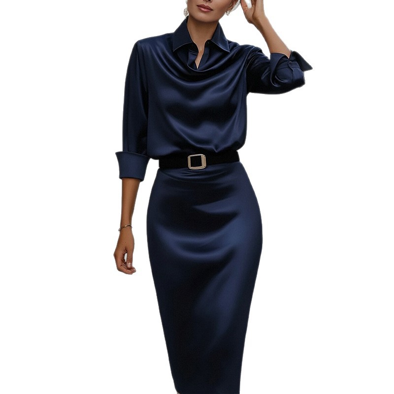 French Elegant Slim-Fit Solid Belted Bodycon Dress