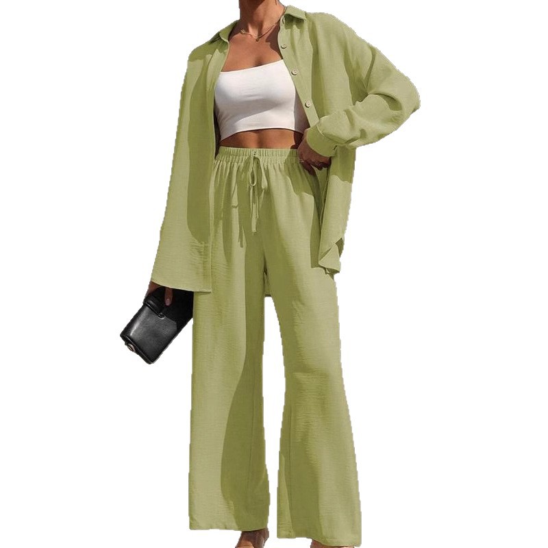Women's Solid Color Long Cardigan & Pants Set Casual Elegant Shirt Two-Piece